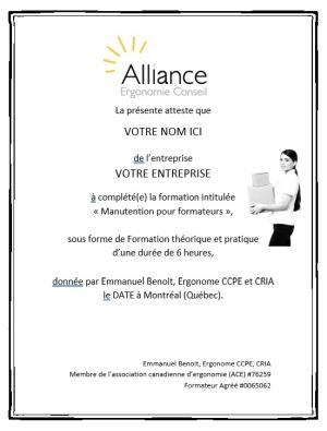 Attestation de formation pour formateurs en manutention manuelle